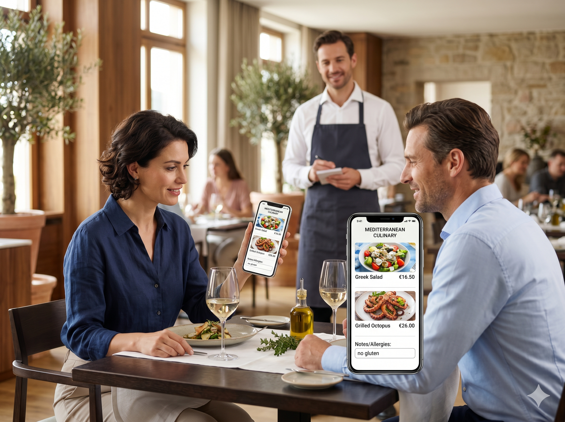 Guest browsing smart digital menu on phone at restaurant table
