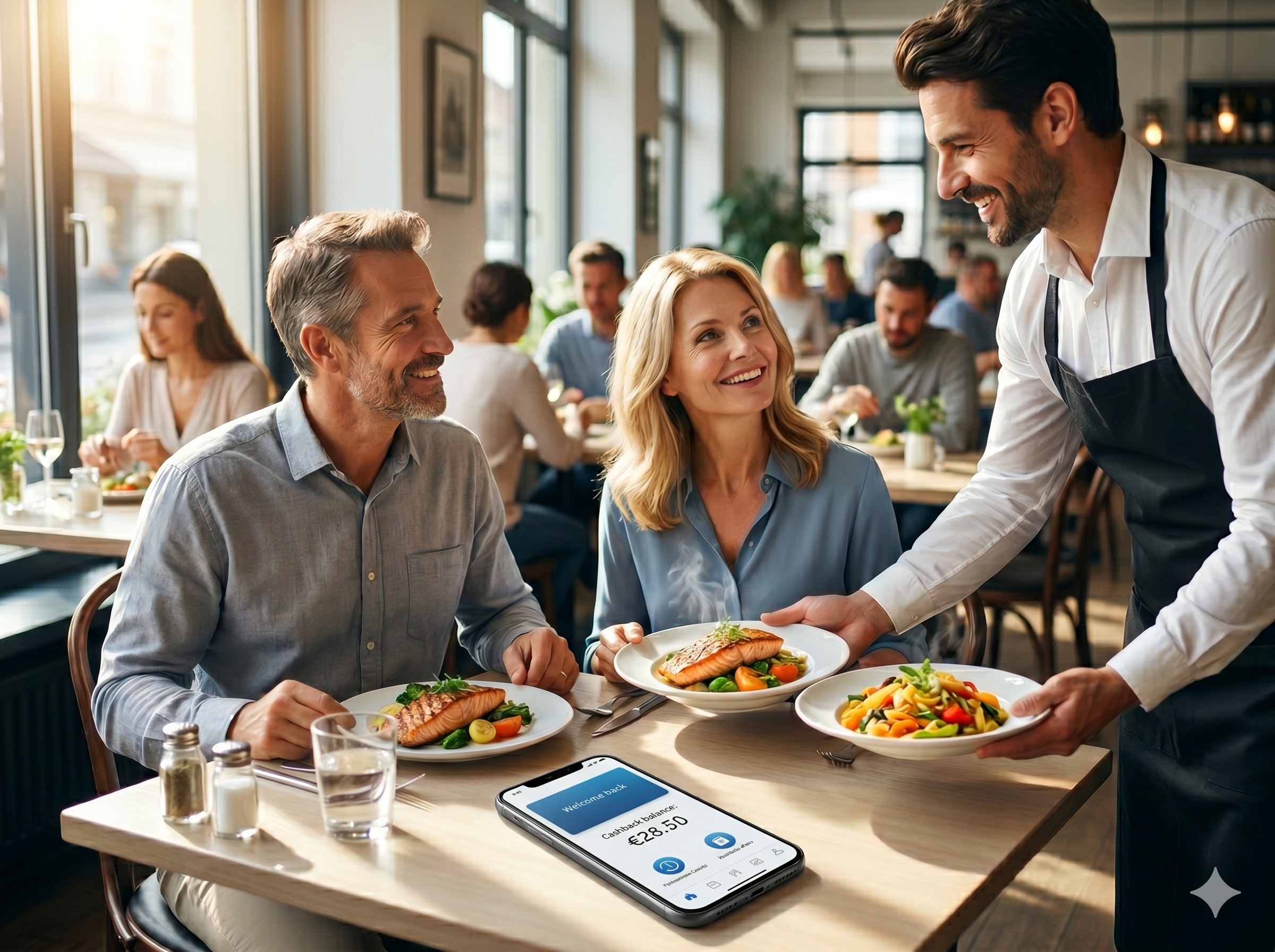 Returning customer using wallet cashback on phone at restaurant