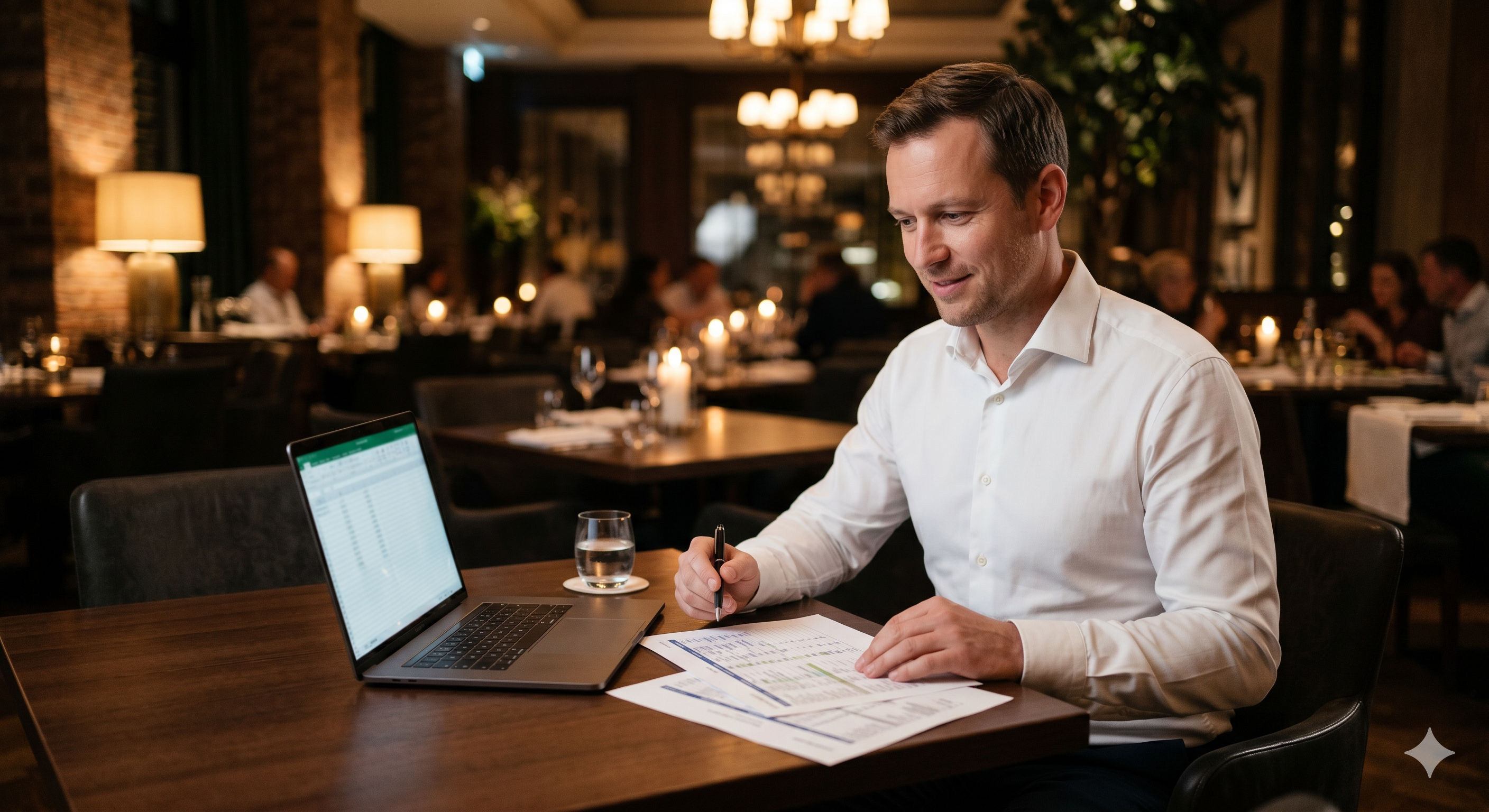 Restaurant manager with laptop and documents at a back table