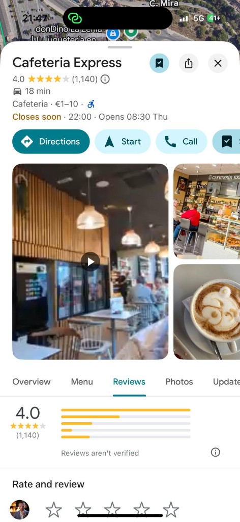 Cafeteria Express La Zenia Google showing 4.0 stars after 2 days with ProfitX3
