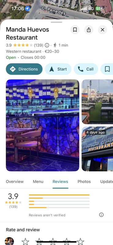 Manda Huevos Google Maps showing 3.9 stars before ProfitX3