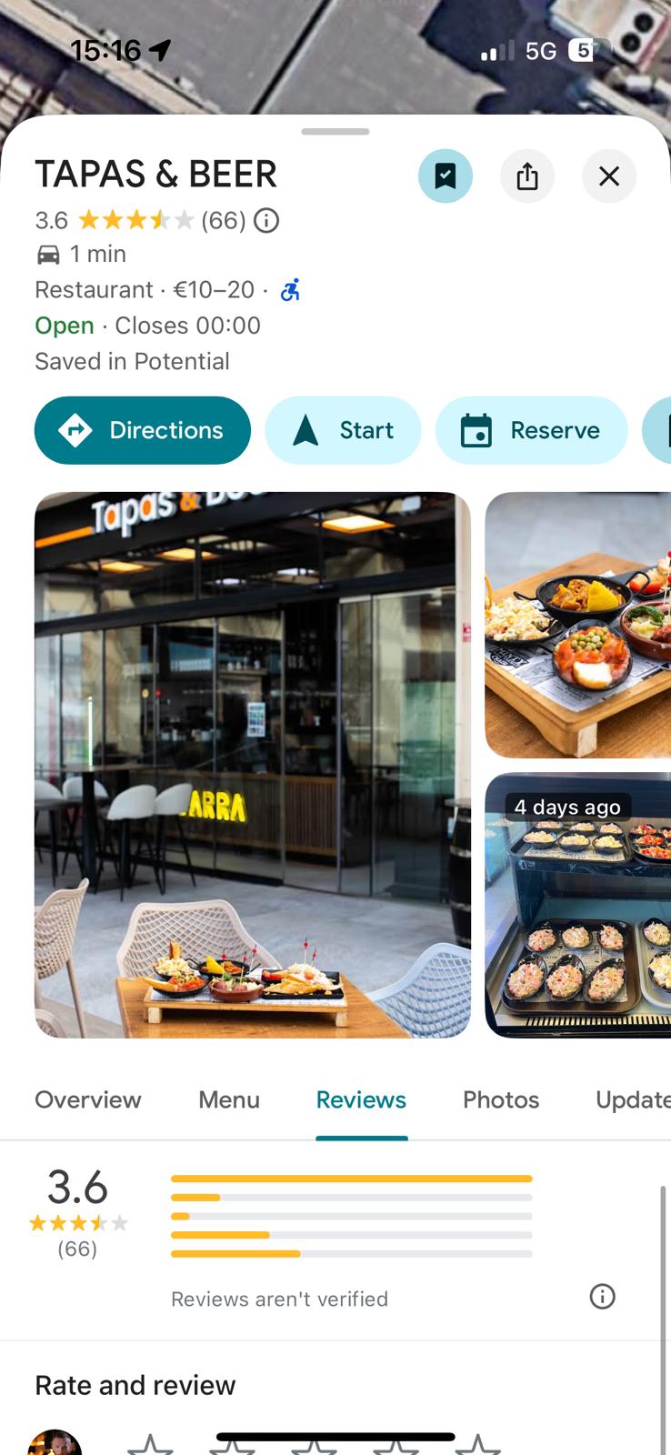 Tapas & Beer Google Maps showing 3.6 stars before ProfitX3